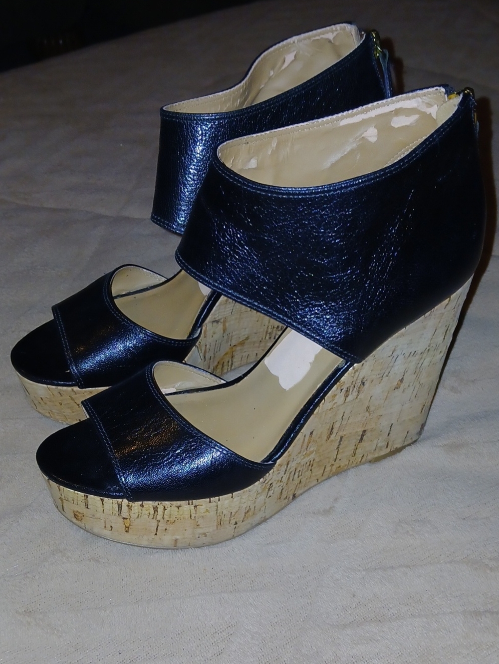 Womens Nine West Black Leather Cork Platform Wedge Sandals Zip Back Sz: 7